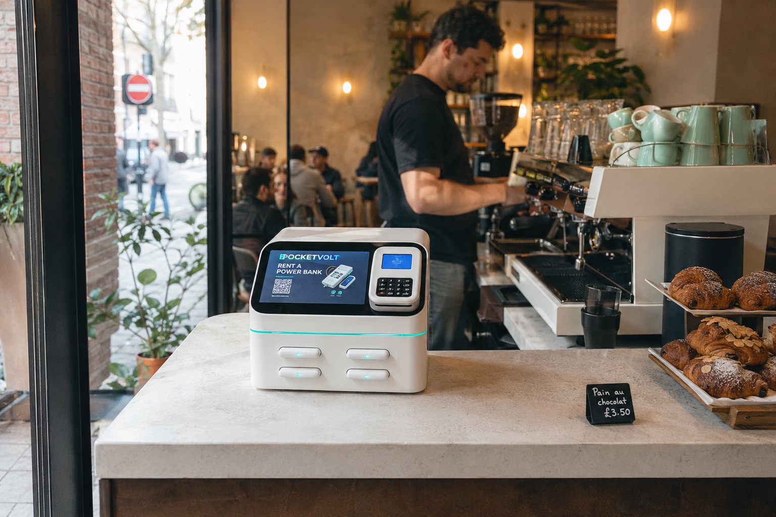 Illustrative compact charging station on a bakery café counter