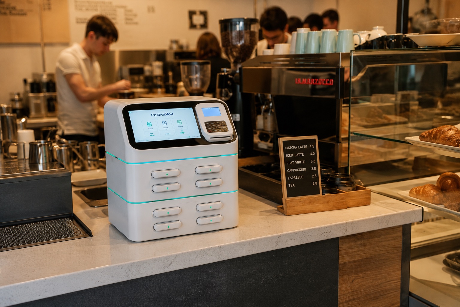 Illustrative high-capacity countertop charging station at a busy café counter