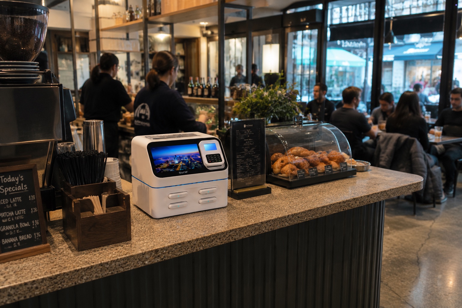 Illustrative compact charging station on a busy café counter