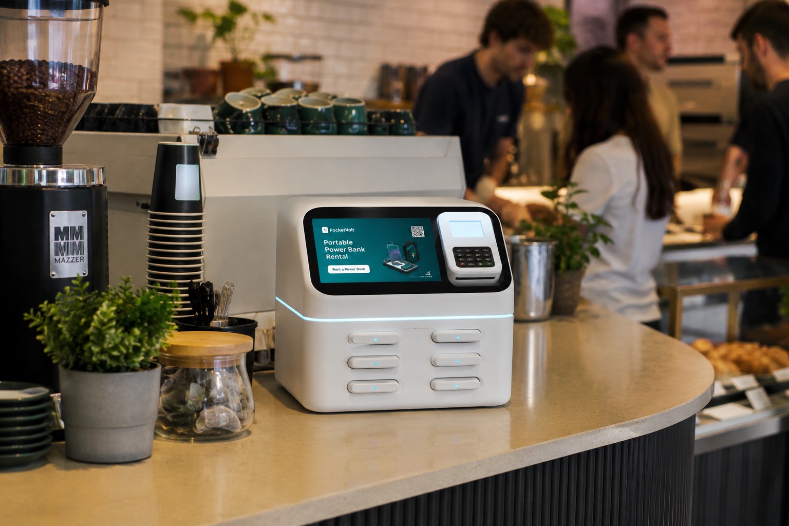 Illustrative countertop charging station positioned at a busy café counter