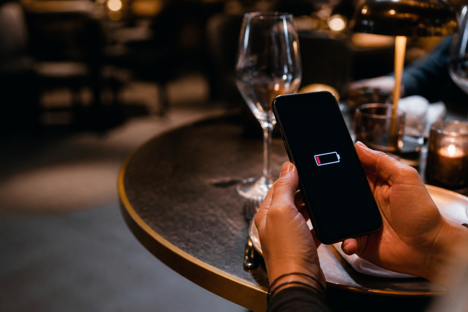 Restaurant guest checking a low phone battery