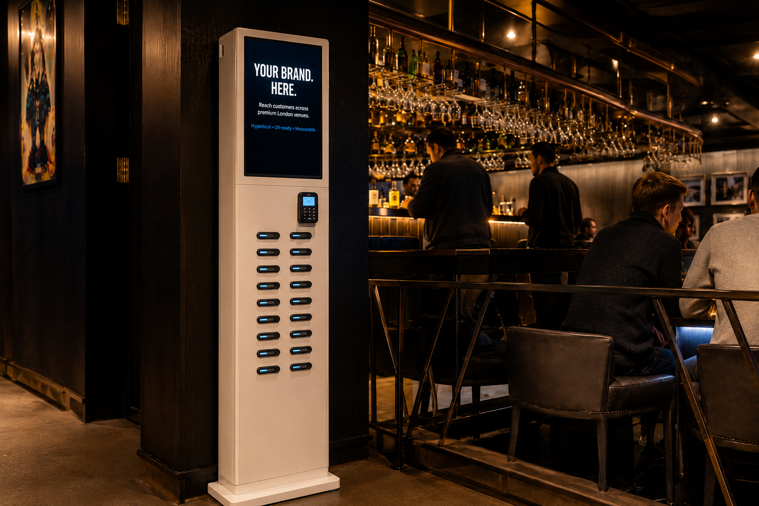 PocketVolt twenty-four-slot charging station in a bar