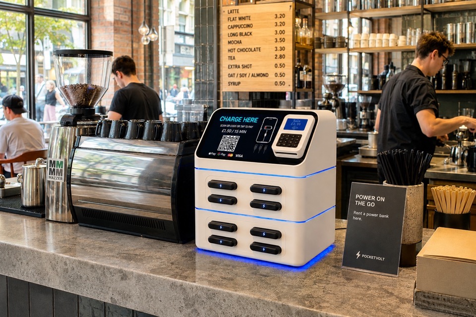 Compact charging station positioned at a café counter