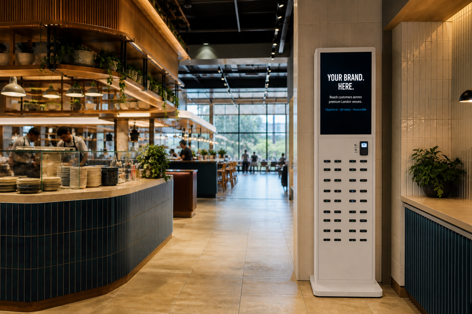 White large-format charging station installed flush against a tiled wall inside a working food hall