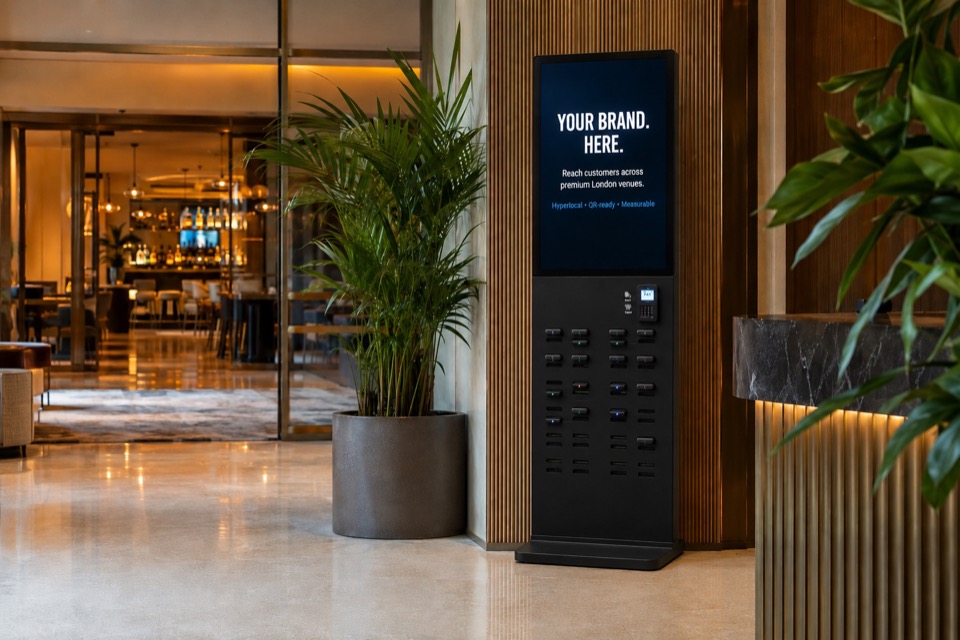 Large charging station positioned in a hotel lobby