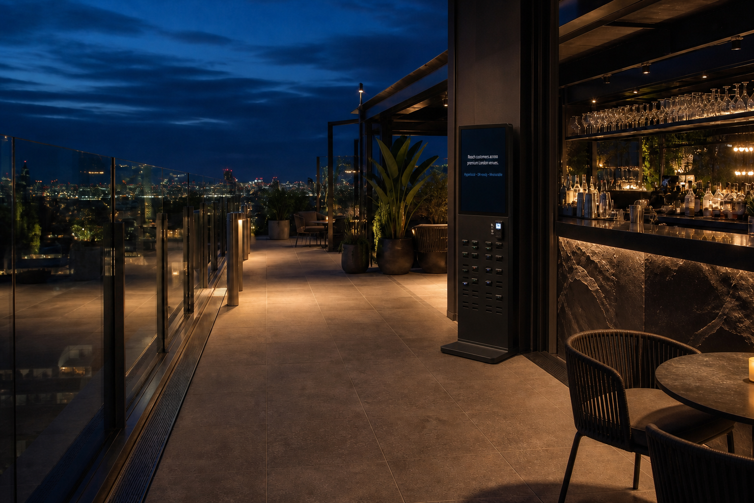 Large charging station fitted naturally into a rooftop bar at night