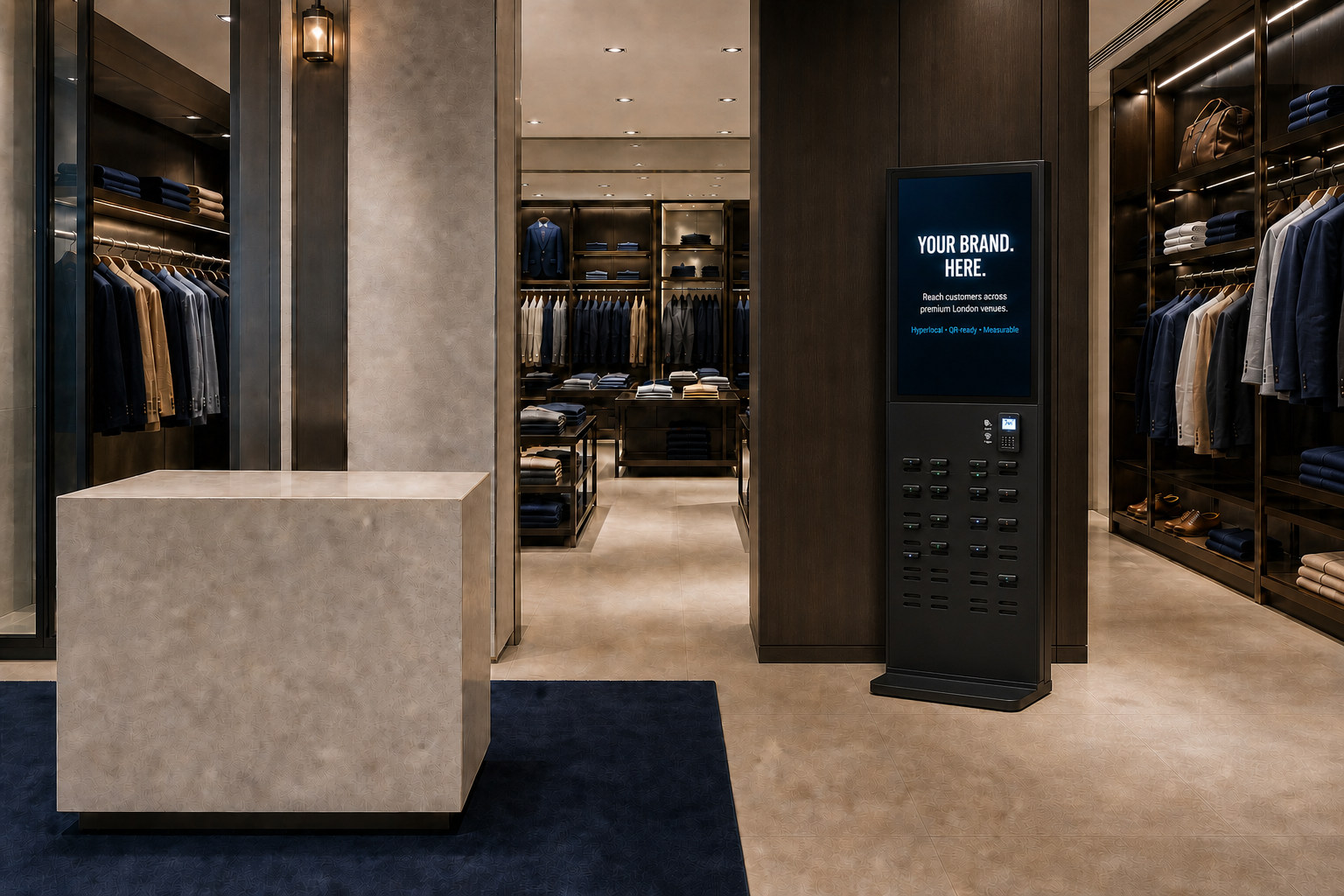 Large charging station positioned against a fitted retail wall