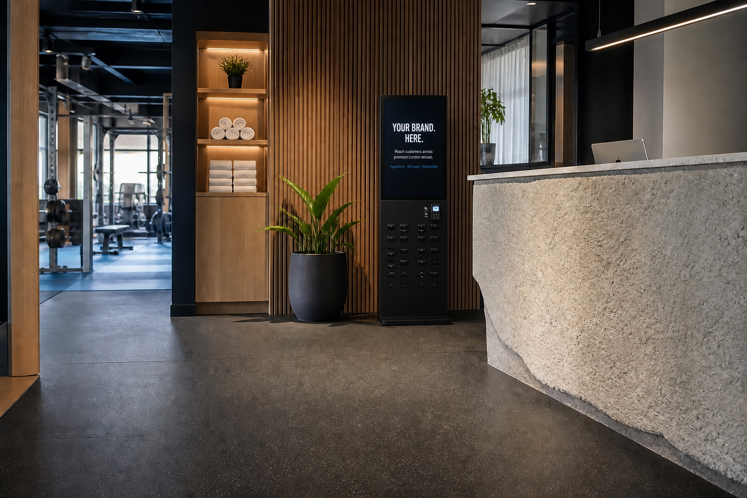 Large charging station fitted naturally into a gym and wellness reception